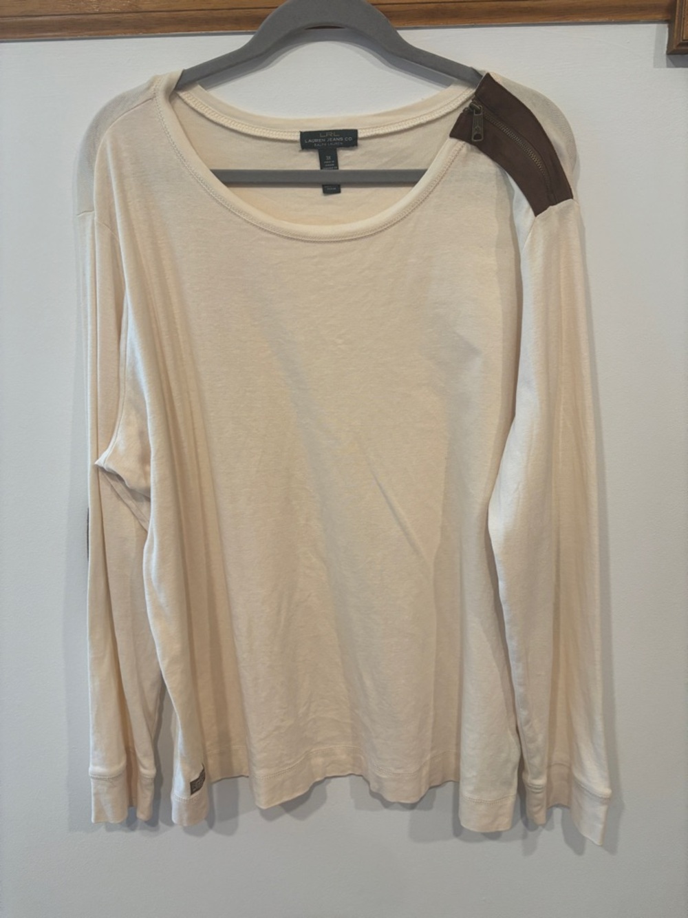 Ralph Lauren Cream Long-Sleeve Tee with Brown Suede Accents - Women’s 3X